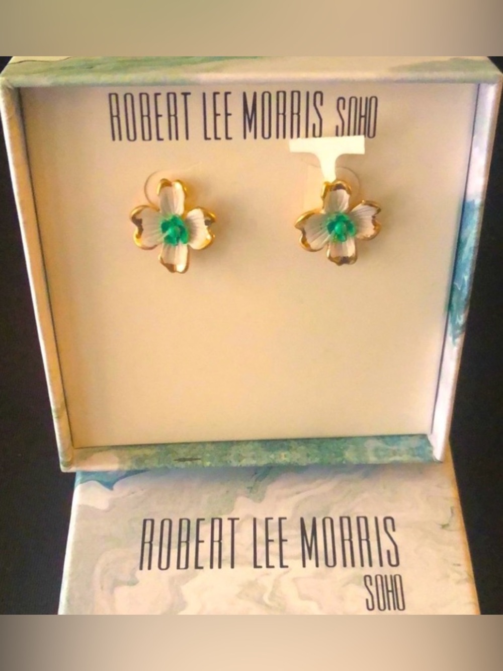 “ROBERT LEE MORRIS” SOHO GOLD, GREEN & WHITE PANSIE PIERCED POST EARRINGS